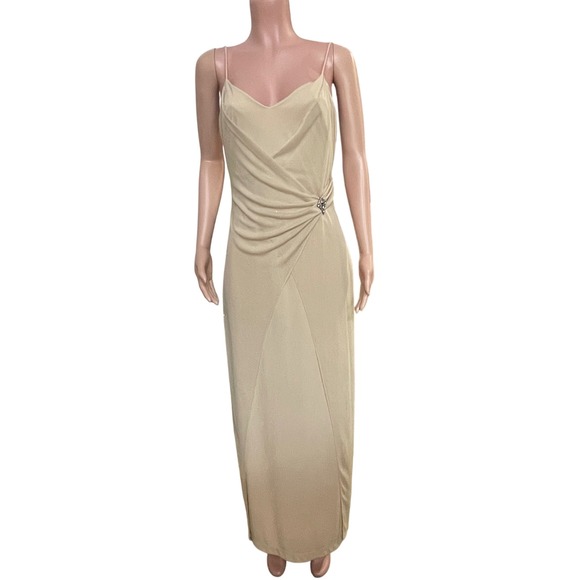 Eureka Dresses & Skirts - Eureka USA Beige Draped Evening Gown Sz L Y2K Glam Formal Prom Dress, Gala
